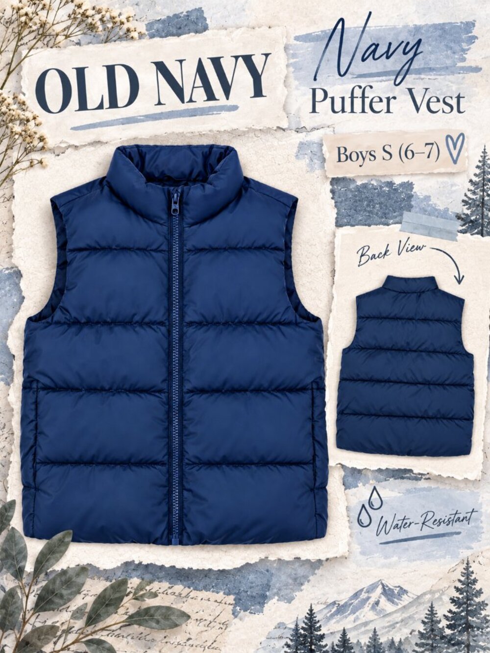 Old Navy Boys Navy Water-Resistant Puffer Vest Size S 6-7